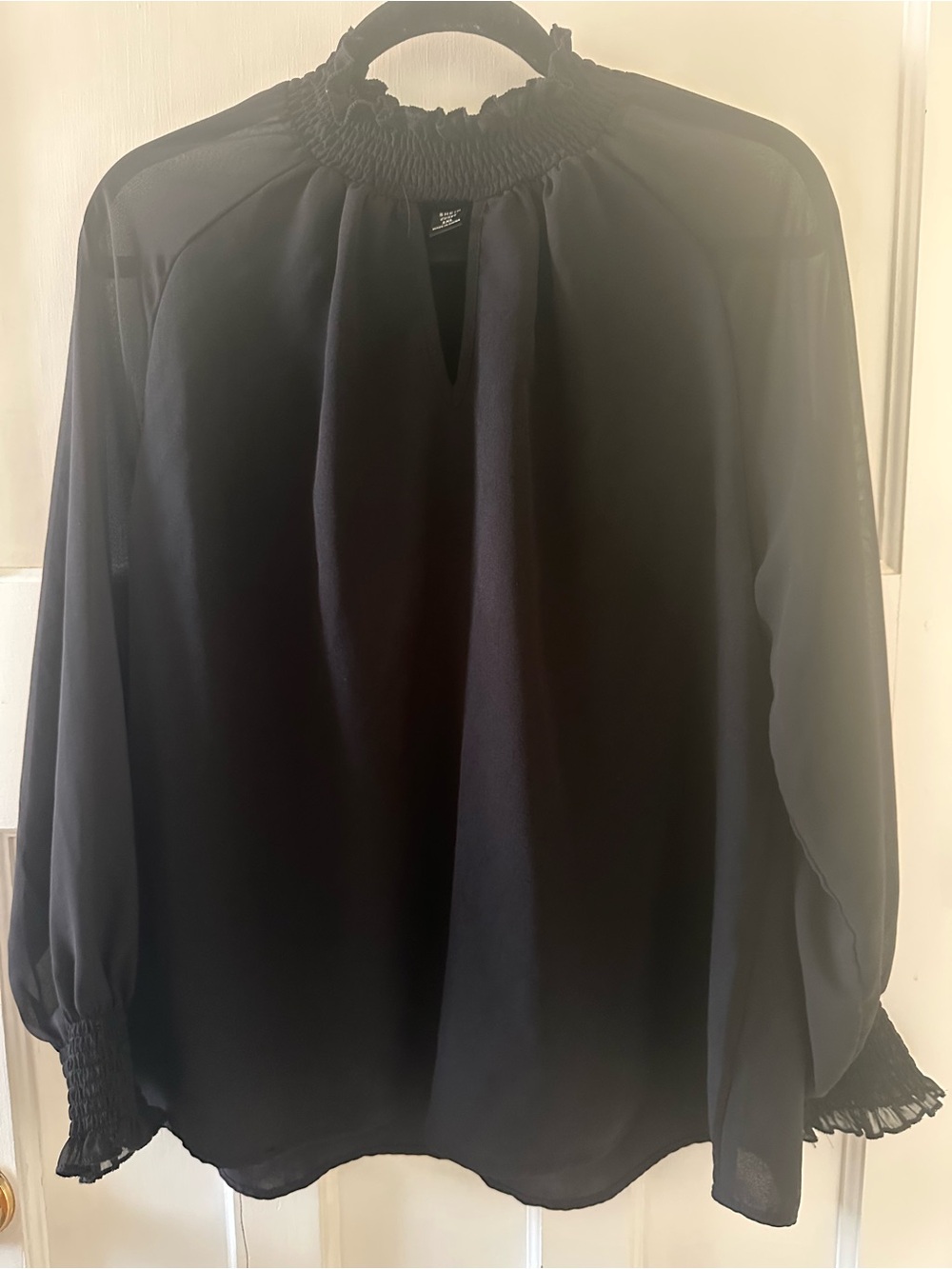 ⭐️ SHEIN 1X Black Smocked Neck Keyhole Sheer Long Sleeve Blouse